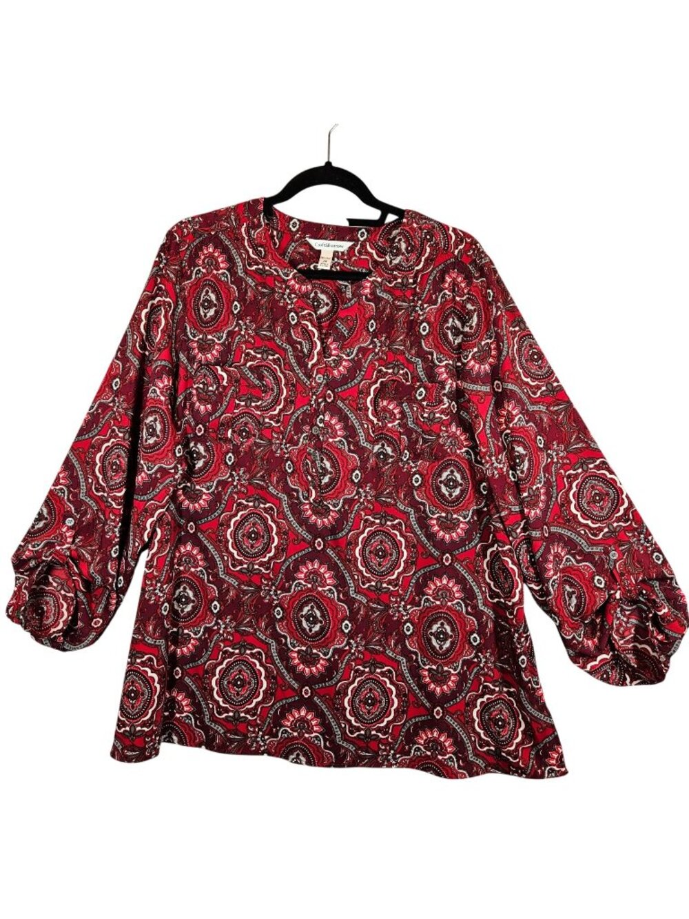 Croft & Barrow Red Paisley Womens 2X tabbed Sleeve Blouse career modest casual